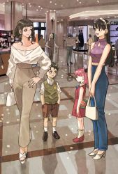 3boys 3girls anya_(spy_x_family) bag black_hair black_nails cane character_request child collared_shirt damian_desmond denim dress earrings green_vest hairband hairpods hand_on_own_hip handbag hands_in_pockets henry_henderson high-waist_pants high_heels highres holding holding_bag indoors jeans jewelry long_hair looking_at_another mall melinda_desmond mole mole_under_mouth mother_and_daughter mother_and_son multiple_boys multiple_girls nail_polish newspaper off_shoulder old old_man pants pink_hair red_dress shirt shorts spy_x_family sweatdrop takeuchi_ryousuke twilight_(spy_x_family) vest white_hair white_hairband white_shirt yor_briar