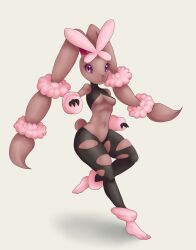 2018 absurdres alternate_color animal_ears black_sclera breasts brown_fur colored_sclera furry furry_female gen_4_pokemon highres lavenderaraliya looking_at_viewer lopunny mega_lopunny mega_pokemon navel nintendo pantyhose pink_fur pokemon pokemon_(creature) rabbit_ears rabbit_paws red_eyes shiny_pokemon small_breasts torn_clothes torn_pantyhose underboob