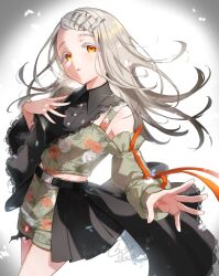 1girl asymmetrical_clothes belt black_belt black_shirt black_skirt collared_shirt colored_eyelashes contrast_(idolmaster) detached_sleeves flipped_hair floral_print forehead gakuen_idolmaster green_shirt green_skirt grey_hair hair_ornament hairclip highres idolmaster lace lace-trimmed_shirt lace-trimmed_sleeves lace_trim light_particles long_hair loose_hair_strand midriff_peek open_mouth orange_eyes orange_ribbon ribbon shinishi_chiho shinosawa_hiro shirt signature single_bare_shoulder single_detached_sleeve skirt swept_bangs thick_eyelashes too_many_hair_ornaments two-tone_shirt two-tone_skirt