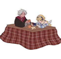 1boy 1girl amakusa_shirou_(fate) angel_wings blonde_hair dark-skinned_male dark_skin fate/grand_order fate_(series) food fruit grey_hair headphones highres jeanne_d&#039;arc_(fate) kotatsu mandarin_orange metatron_jeanne_(fate) metatron_jeanne_(second_ascension)_(fate) nintendo_switch playing_games sunanogimo table white_background wings yellow_eyes
