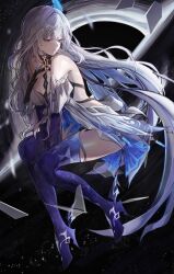1girl absurdres bare_shoulders black_collar black_hole boots breasts collar commentary dress elbow_gloves full_body genshin_impact gloves grey_hair highres konbunyas large_breasts long_hair looking_down parted_lips purple_boots purple_gloves red_eyes skirk_(genshin_impact) solo symbol-only_commentary thigh_boots thighs very_long_hair white_dress