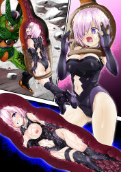 1girl absorbing absurdres armored_boots asymmetrical_legwear back_cutout boots breasts breasts_out bright_pupils cell_(dragon_ball) cleavage clothing_cutout commission dragon_ball dragonball_z elbow_gloves fate/grand_order fate_(series) gloves gluteal_fold hair_over_one_eye highres inside_creature large_breasts leotard light_purple_hair mash_kyrielight navel_cutout nipples one_eye_closed purple_eyes semi-perfect_cell short_hair skeb_commission slime_(substance) susuanpan tail_vore tears vore wince
