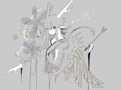Rule 34 | 1boy, absurdres, animal ears, arrow (projectile), commentary request, dragon, dragon boy, dragon ears, dragon horns, dual persona, eastern dragon, eastern dragon horns, grey background, highres, holding, holding arrow, horns, hotathino, japanese clothes, kimono, long hair, looking at viewer, male focus, original, saliva, solo, spot color, upper body, yellow eyes