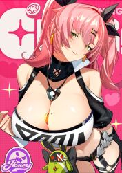 1girl between_breasts black_shorts breasts coin denim denim_shorts earrings green_eyes grin heart heart_necklace jewelry looking_at_viewer mole mole_on_breast navel necklace nicole_demara shorts smile solo teeth two_side_up yueyueyue_yao zenless_zone_zero