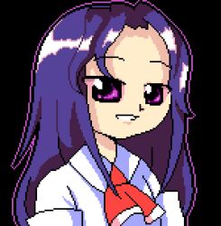 Rule 34 | 1girl, armband, ascot, bad id, bad twitter id, black background, collared shirt, commentary, english commentary, forehead, goshiki agiri, kill me baby, long hair, long sleeves, looking ahead, luo qiangwei, open mouth, outline, parody, parted bangs, pixel art, purple eyes, purple hair, purple outline, red ascot, school uniform, shirt, simple background, smile, smug, solo, style parody, teeth, touhou, touhou (pc-98), upper body, white armband, white shirt