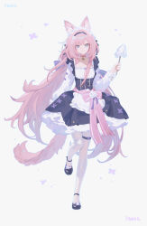 1girl :3 absurdres alternate_costume animal_ear_fluff apron artist_name black_dress black_shoes blue_eyes breasts buttons closed_mouth double-breasted dress elysia_(honkai_impact) full_body grey_background highres holding honkai_(series) honkai_impact_3rd long_hair long_sleeves looking_at_viewer missing_commentary pantyhose pink_hair pink_tail pmg shoes simple_background small_breasts smile solo tail thigh_strap very_long_hair waist_apron white_pantyhose
