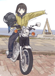 1girl absurdres black_eyes black_pants black_shoes brown_hair closed_mouth coat grey_shirt helmet highres long_sleeves looking_at_viewer motor_vehicle motorcycle motorcycle_helmet original outdoors outstretched_arm pants pyramid_(structure) sasaxxxx06 shirt shoes short_hair sitting sketch sleeves_past_wrists solo tile_floor tiles twitter_username unworn_headwear unworn_helmet yamaha_sr400 yellow_coat zipper zipper_pull_tab