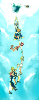 2girls 4boys arms_around_waist arms_up axel_(kingdom_hearts) balloon bird black_coat black_coat_(kingdom_hearts) black_pants black_shirt black_shorts blonde_hair blue_pants blue_sky bob_cut boots brown_hair brown_shoes closed_eyes clothes_grab cloud cloudy_sky coat commentary dress english_commentary floating full_body grey_hair highres holding holding_balloon holding_hands holding_on hood hooded_coat illbewaiting jacket kairi_(kingdom_hearts) kingdom_hearts kingdom_hearts_ii knees_up legs_up long_coat looking_down multiple_boys multiple_girls namine open_clothes open_jacket open_mouth outstretched_arms pants pink_boots pink_dress red_hair riku_(kingdom_hearts) roxas sandals shirt shoes short_hair shorts sky solid_circle_eyes spiked_hair vest white_dress white_jacket white_vest yellow_shoes