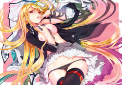 1girl absurdres arm_ribbon black_panties black_thighhighs blonde_hair breasts choker fate_testarossa glasses highres long_hair lying lyrical_nanoha mahou_shoujo_lyrical_nanoha_strikers medium_breasts mikazuki_akira! nipples on_back open_clothes panties panty_pull red_eyes ribbon ribbon_choker solo striped_background thighhighs tongue underwear