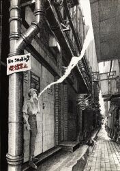 Rule 34 | alley, building, day, english text, highres, ibsukionsen, industrial pipe, original, poster (object), puddle, road, scenery, shadow, sign, smoking, street, sunlight, traffic cone, water, industrial pipe