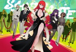 4girls 5boys absurdres aqua_eyes arm_tattoo belt black_dress black_gloves black_hair black_jacket black_mask black_nails black_shoes black_skirt blonde_hair breasts brown_belt brown_hair brown_shoes camera closed_mouth dragon_tattoo dress dress_shirt elly_(vtuber) feather_boa fingerless_gloves flower formal_clothes gloves grey_jacket grey_pants grey_shoes grey_suit grey_sweater hair_ornament hand_on_own_hip hands_in_pockets highres holding holding_camera indie_virtual_youtuber jacket jewelry large_breasts long_hair mask mouth_mask multicolored_hair multiple_boys multiple_girls nail_polish necklace pants pantyhose pencil_skirt pink_carpet purple_hair red_hair riki-to rose shirt shoes skirt stanchion streaked_hair suit sunglasses sweater tattoo turtleneck turtleneck_sweater virtual_youtuber white_flower white_pants white_rose white_shirt