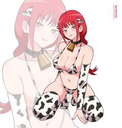 animal_ears animal_print bikini braid braided_ponytail breasts chainsaw_man cow_ears cow_print cow_print_bikini cowbell elbow_gloves gloves kiramochi makima_(chainsaw_man) print_bikini red_hair ringed_eyes sidelocks swimsuit thighhighs yellow_eyes