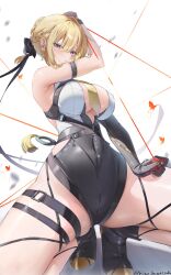 1girl arm_strap armpit_crease black_gloves black_shorts blonde_hair breasts chest_harness elbow_gloves evelyn_chevalier gloves hair_up harness highres hino_kagutsuki large_breasts long_hair long_ribbon looking_at_viewer necktie parted_lips purple_eyes ring_hair_ornament shorts single_elbow_glove solo spread_legs squatting thread tight_clothes white_background yellow_necktie zenless_zone_zero