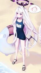 1boy 1girl absurdres bare_legs beach blue_archive demon_girl demon_horns demon_wings doodle_sensei_(blue_archive) flat_chest garados halo highres hina_(blue_archive) hina_(swimsuit)_(blue_archive) horns japanese_text long_hair looking_at_another male_sensei_(blue_archive) ocean one-piece_swimsuit sandals sensei_(blue_archive) swimsuit very_long_hair white_hair wings