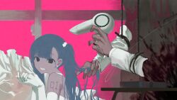 1girl adjusting_another&#039;s_hair alternate_costume alternate_eye_color bare_shoulders black_eyes bleeding blood blood_on_wall blood_splatter blue_hair body_writing cosplay curtains cuts derivative_work dress drying drying_hair elbow_gloves gloves grin hair_dryer halter_dress halterneck hanging hatsune_miku highres holding holding_hair_dryer indoors injury jewelry long_hair own_hands_together pink_background ring rope severed_arm severed_limb sleeveless sleeveless_dress smile solo table trtmtrn twintails upper_body vocaloid wedding_ring white_dress white_gloves window zuutto_issho_(kitani_tatsuya)