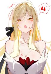 1girl absurdres bare_arms bare_shoulders black_ribbon blonde_hair blood blood_on_face blush breasts cleavage dress fangs hair_ribbon highres kiss-shot_acerola-orion_heart-under-blade large_breasts long_hair looking_at_viewer monogatari_(series) open_mouth oshino_shinobu pointy_ears ribbon sidelocks sleeveless sleeveless_dress solo strapless strapless_dress upper_body vampire voi_271 white_dress yellow_eyes