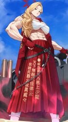 Rule 34 | 1girl, abs, absurdres, akemi (blue archive), bare shoulders, belt, biceps, black eyes, blonde hair, blue archive, blue sky, breasts, chain, chest sarashi, cleavage, delinquent, fingerless gloves, gloves, halo, highres, large breasts, long hair, long skirt, looking at viewer, muscular, muscular female, navel, parted bangs, pleated skirt, red gloves, red skirt, sarashi, skirt, sky, solo, sukeban, yoshio (55level)
