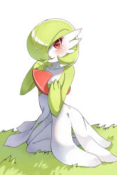 1girl absurdres blush bob_cut breasts collarbone colored_skin ear_blush female_focus finger_to_mouth full_body gardevoir gen_3_pokemon grabbing_own_breast grass green_hair green_skin gresy hair_over_one_eye hands_up happy highres kneeling looking_afar medium_breasts multicolored_skin nintendo on_ground one_eye_covered open_mouth pokemon pokemon_(creature) red_eyes short_hair smile solo two-tone_skin white_background white_skin