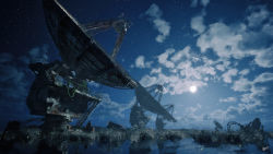 Rule 34 | cloud, cloudy sky, full moon, grass, highres, moon, moonlight, moss, night, night sky, original, outdoors, radio telescope, reflection, ruins, scenery, signature, sky, skybase, star (sky), starry sky, water