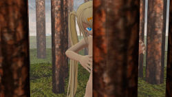 1girl 3d alice blonde_hair blue_eyes female_focus forest nature nude outdoors plant solo