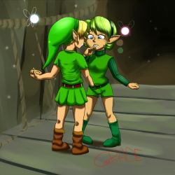 1boy 2girls absurdres artist_name belt belt_buckle blonde_hair blue_eyes bridge buckle kodomo_doushi crade fairy fingering forest green_hair green_tunic grin hairband hand_in_panties hand_under_clothes highres holding instrument leaking link loli long_sleeves multiple_girls nature navi nintendo ocarina panties pigeon-toed pointy_ears pussy_juice rope_bridge saria_(zelda) shota smile teeth the_legend_of_zelda the_legend_of_zelda:_ocarina_of_time trembling tunic turtleneck underwear young_link