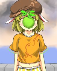 1girl animal_ears apple arms_at_sides blonde_hair blush brown_hat brown_shirt cloud cloudy_sky commentary_request covered_face cowboy_shot ears_down female_focus fine_art_parody floppy_ears food fruit gaoo_(frpjx283) green_apple hat highres horizon the_son_of_man_(magritte) midriff name_connection navel object_namesake ocean orange_shirt pants parody pun rabbit_ears ringo_(touhou) shirt short_hair short_sleeves sky solo son_of_a_man striped_clothes striped_pants the_son_of_man touhou