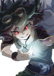 1boy cowboy_shot glowing glowing_eyes goggles goggles_on_head green_hair grey_background highres jacket jacket_on_shoulders jewelry medium_hair multicolored_hair orange_shirt pendant red_eyes red_hair sakaki_yuya shirt simple_background smirk solo two-tone_hair white_jacket you_v_kihu yu-gi-oh! yu-gi-oh!_arc-v