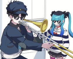 Rule 34 | amemiya darumi, black bow, black hair, black pants, black skirt, blue hair, blue hat, blue jacket, bow, clenched hand, ear piercing, hat, instrument, jacket, long sleeves, maruko gaku, multicolored hair, music, oven, pants, piercing, pink eyes, pink thighhighs, playing instrument, pleated skirt, red bow, safety pin, shirt, short hair, skirt, striped clothes, striped shirt, sunglasses, the hundred line -last defense academy-, thighhighs, trumpet, twintails, upper body, white background, white shirt
