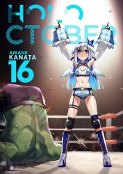 1boy 1girl absurdres adapted_costume adarin amane_kanata angel_wings blue_hair boots character_name colored_skin detached_sleeves gloves green_skin grey_hair highres hololive hulk knee_pads long_hair marvel midriff navel partially_fingerless_gloves pointing pointing_up purple_eyes shorts spotlight twitter_username upside-down victory_pose virtual_youtuber wings wrestling_outfit wrestling_ring