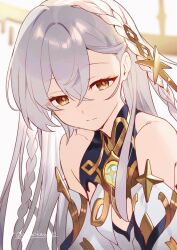 1girl asahikawa_hiyori bare_shoulders braid breasts cleavage_cutout closed_mouth clothing_cutout collarbone detached_sleeves expressionless genshin_impact gold hair_between_eyes highres istaroth_(genshin_impact) jewelry long_hair small_breasts solo star_(symbol) upper_body very_long_hair white_hair yellow_eyes
