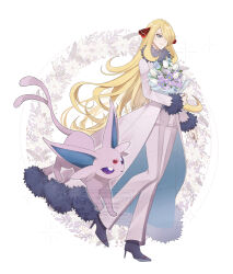 1girl blonde_hair body_fur bouquet coat espeon flower forehead_jewel forked_tail full_body gen_2_pokemon hair_over_one_eye holding holding_bouquet long_hair nintendo official_alternate_color pants pokemon pokemon_(creature) pokemon_dppt purple_fur sakaralalala simple_background tail very_long_hair white_background white_coat white_pants