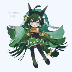 1girl ahoge black_pantyhose black_sandals blush braid bright_pupils commentary_request detached_sleeves fangs frilled_skirt frills full_body green_hair green_skirt green_sleeves hibi89 japanese_clothes kimono long_hair nintendo ogerpon open_mouth orange_kimono pantyhose personification pokemon sandals simple_background skirt sleeveless sleeveless_kimono solo star-shaped_pupils star_(symbol) symbol-shaped_pupils venus_symbol very_long_hair white_background white_pupils yellow_eyes