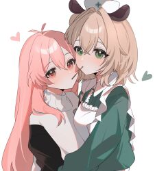 2girls ahoge animal_ears antenna_hair apron arms_at_sides black_sleeves black_sweater borrowed_character brown_hair commentary contrast_collar dress expressionless food food_in_mouth frilled_apron frills green_dress green_eyes hair_between_eyes hair_over_shoulder hana20000920 hat heart highres hug imminent_pocky_kiss indie_virtual_youtuber light_blush long_hair long_sleeves looking_at_viewer medium_hair multiple_girls mumble_(shachimu) nimi_nightmare nurse nurse_cap original pink_eyes pink_hair pocky pocky_in_mouth rounded_collar simple_background sweater tapir_ears tapir_girl turtleneck turtleneck_sweater two-tone_sweater upper_body virtual_youtuber white_apron white_background white_sweater