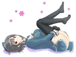 Rule 34 | 1girl, ascot, ass, beret, black gloves, black hair, black thighhighs, blue hat, blush, breasts, cherry blossoms, garter straps, gloves, hat, kantai collection, kujira naoto, large breasts, legs together, looking at viewer, lying, military, military uniform, petals, red eyes, short hair, skirt, smile, solo, takao (kancolle), thighhighs