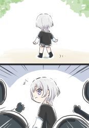1girl :3 bang_dream! bang_dream!_it&#039;s_mygo!!!!! black_boots black_shirt blue_eyes boots closed_mouth commentary highres kaname_raana layered_sleeves long_sleeves lyy shirt short_hair short_over_long_sleeves short_sleeves white_hair white_shirt