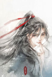1boy alternate_hairstyle bishounen black_hair black_hanfu chinese_clothes closed_mouth finger_to_mouth floating_hair grey_eyes hair_ribbon half_updo hanfu high_ponytail ink_wash_painting kcllzas163 light_particles long_hair looking_at_viewer looking_back male_focus modao_zushi painting_(medium) ponytail red_ribbon ribbon seal_impression smile solo third-party_source traditional_media upper_body watermark wei_wuxian weibo_watermark