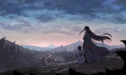 2boys aged_down ahoge black_hair black_hanfu chinese_clothes cloud cloudy_sky coat dated dusk facing_away floating_hair from_behind grass grey_coat hair_down hair_ribbon half_updo hanfu highres holding_hands kimako_(kimako_8) lan_sizhui long_hair long_sleeves male_focus modao_zushi mountain mountainous_horizon multiple_boys official_alternate_costume official_alternate_hairstyle outdoors ponytail red_ribbon red_sash ribbon robe rock sash scenery sky standing twitter_username very_long_hair watermark wei_wuxian wei_wuxian_(yiling_laozu) white_hanfu wide_sleeves wind