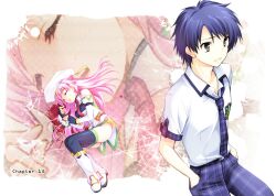 Rule 34 | 1boy, 1girl, bandeau, belt, belt buckle, black bandeau, black belt, black gloves, black panties, black thighhighs, blue hair, boots, buckle, chaos;head, chaos;head love chu chu!, collared shirt, detached sleeves, dress shirt, earrings, fingerless gloves, gloves, green trim, highres, jewelry, leather belt, long hair, loose necktie, magical girl, necktie, nishijou takumi, non-web source, official art, open collar, open mouth, panties, pants, pink hair, plaid clothes, plaid necktie, plaid pants, plaid sleeves, purple eyes, purple pants, red necktie, school emblem, school uniform, science adventure, seira orgel, shirt, short hair, short sleeves, sleeping, stitched, suimei academy school uniform, suimei summer uniform, sumi hei, thighhighs, third-party edit, tongue, underwear, white boots, white shirt, white sleeves, worried, zettai ryouiki