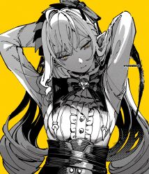 Rule 34 | 1girl, arms up, bow, dress, frills, highres, long hair, looking at viewer, mole, mole under eye, monochrome, multicolored hair, otimusyairoha, pointy ears, shirt, simple background, solo, streaked hair, vivian banshee, yellow background, yellow eyes, zenless zone zero