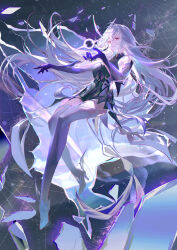 1girl absurdres black_unitard closed_mouth commentary english_commentary genshin_impact gloves gradient_gloves gradient_legwear gradient_sleeves gradient_thighhighs hair_lift high_heels highres iiumiarts long_hair purple_gloves purple_thighhighs red_eyes skirk_(genshin_impact) solo thighhighs very_long_hair