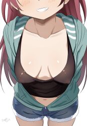 1girl alternate_breast_size black_tank_top blush breasts cleavage covered_erect_nipples denim denim_shorts downblouse eyes_out_of_frame fang head_out_of_frame highres hood hood_down jacket leaning_forward long_hair low_neckline mahou_shoujo_madoka_magica mahou_shoujo_madoka_magica_(anime) medium_breasts midriff nagare_(flow) navel open_clothes open_jacket red_hair sakura_kyoko shorts smile tank_top teeth