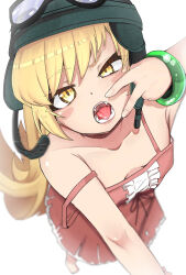 1girl absurdres bare_shoulders barefoot blonde_hair breasts collarbone dot_nose dress fangs female_focus fingernails from_above full_body helmet highres loli long_hair looking_at_viewer looking_up matching_hair/eyes meemz_a monogatari_(series) open_mouth oshino_shinobu pink_dress simple_background sleeveless sleeveless_dress small_breasts solo standing strap_slip tongue v white_background yellow_eyes