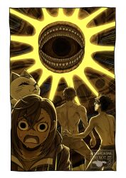 2boys 2girls absurdres ayase_momo cat dandadan emphasis_lines enjoji_jin feet_out_of_frame from_behind glasses hair_between_eyes highres jacket looking_at_viewer looking_up mongolian_death_worm multiple_boys multiple_girls nairdags open_mouth pants round_eyewear short_hair sweat takakura_ken_(dandadan) topless_male tsuchinoko_(dandadan) turbo_granny_(dandadan) upper_body