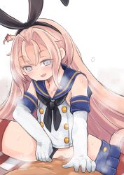 Rule 34 | 1boy, 1girl, admiral (kancolle), animal ears, black panties, blue eyes, clothed female nude male, clothed sex, clothing aside, cosplay, dark-skinned male, dark skin, drum (kancolle), enjaku izuku, fake animal ears, gloves, hair ornament, hetero, highres, kantai collection, long hair, navel, nude, panties, panties aside, pink hair, pussy, rabbit ears, sailor collar, sailor shirt, school uniform, sex, shimakaze (kancolle) (cosplay), shirt, skirt, star (symbol), thighhighs, underwear, vaginal, white gloves