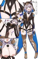1boy 1girl animal_ears animal_hood armored_boots bar_censor belt black_leotard blue_eyes boots breasts cat_ears cat_girl cat_hood cat_tail censored cipher_(honkai:_star_rail) cleavage clothing_aside clothing_cutout commentary_request fang female_pubic_hair full_body gold_boots grey_hair heart hetero highres holding holding_scroll honkai:_star_rail honkai_(series) hood hooded_leotard k-y large_breasts leotard leotard_aside multiple_views navel navel_cutout nipples penis pubic_hair scroll sex short_hair_with_long_locks simple_background skin_fang speech_bubble spoken_heart sweat tail thigh_belt thigh_strap translation_request vaginal white_background