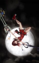 1girl bare_shoulders blue_eyes boots breasts dead_fantasy dress dual_wielding fighting_stance full_body full_moon hair_between_eyes highres holding hollypolllyy keyblade kingdom_hearts kingdom_hearts_ii long_hair looking_at_viewer medium_breasts moon paopu_fruit parted_lips pink_dress red_hair red_shoes shoes short_dress sign sleeveless sleeveless_dress solo upside-down waist_bag wristband
