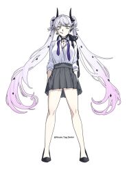 1girl breasts collared_shirt crossed_bangs demon_girl demon_horns ear_piercing fate/grand_order fate_(series) full_body green_eyes grey_hair grey_skirt hair_between_eyes highres horns house_tag_denim lilith_(fate) long_hair long_sleeves looking_at_viewer medium_breasts piercing pointy_ears shirt skirt solo twintails very_long_hair white_shirt