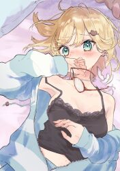 1girl armpits bare_shoulders bear_hair_ornament black_camisole blonde_hair blush bossun_(laetus) camisole collarbone commentary drawstring glasses gradient_hair green_eyes hair_ornament hairpin highres holding holding_removed_eyewear iris_black_games jacket jewelry kurumi_noah kurumi_noah_(6th_costume) lace-trimmed_camisole lace_trim lying medium_hair messy_hair midriff_peek multicolored_hair necklace nose_blush off_shoulder on_back parted_bangs partially_open_jacket partially_unzipped pillow solo strap_slip striped_clothes striped_jacket stuffed_animal stuffed_toy teddy_bear unworn_eyewear upper_body virtual_youtuber vspo!