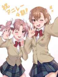 2girls :d ;d announcement_celebration asymmetrical_bangs blazer bow bowtie brown_eyes brown_hair brown_jacket collared_shirt commentary_request gesture grey_skirt hair_bow hair_ornament hairpin highres jacket lightning_bolt_symbol long_hair long_sleeves looking_at_viewer medium_hair misaka_mikoto multiple_girls one_eye_closed open_mouth plaid_clothes plaid_skirt red_bow red_bowtie school_emblem school_uniform shirai_kuroko shirt simple_background sioo_1029 skirt smile toaru_kagaku_no_railgun toaru_majutsu_no_index tokiwadai_school_uniform twintails white_background white_bow white_shirt winter_uniform