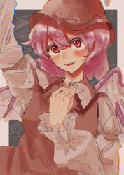 Rule 34 | 1girl, absurdres, bird wings, blue background, blush, collared shirt, hair between eyes, headpat, highres, long sleeves, luan ib, medium hair, mystia lorelei, open mouth, pink hair, red eyes, shirt, smile, solo, teeth, touhou, white background, wings
